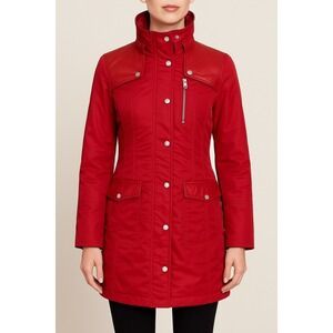NWT Samantha Sipos Red Nylon Jacket Leather Trim Hooded Trench Coat Size S